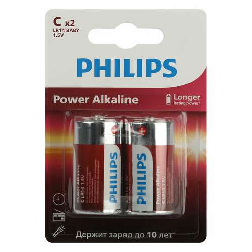  Батарейки алкалиновые комплект 2 шт., philips power alkaline, c (lr14, 14а), блистер, б0062687 | Батарейки
