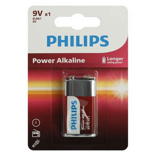  Батарейка алкалиновая 1 шт. philips power alkaline, крона 9v (6lr61, 6lf22, 1604a), блистер, б0062717 | Батарейки