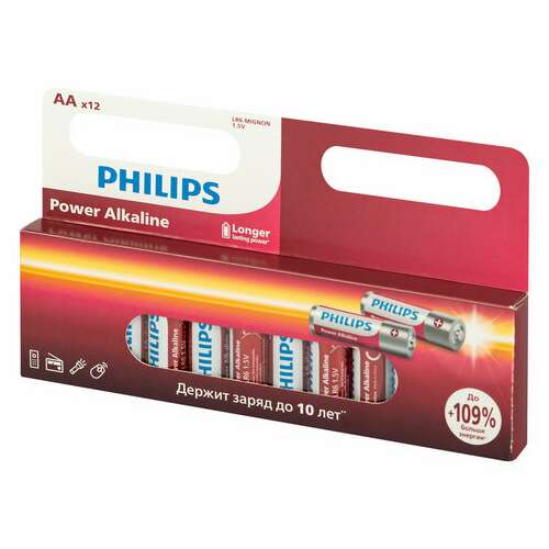  Батарейки алкалиновые "пальчиковые" комплект 12 шт., philips power alkaline, аа (lr6, 24а), блистер, б0064661 | Батарейки
