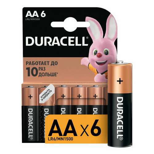  Батарейки комплект 6 шт., duracell basic оригинал, аа (lr6,15а), алкалиновые, пальчиковые, б0014859 | Батарейки