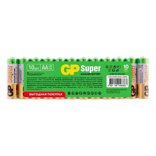  Батарейки gp super, aa (lr6,15а), алкалиновые, пальчиковые, комплект 10 шт., в пленке, 15a-2crb10, gp 15a-2crb10 | Батарейки