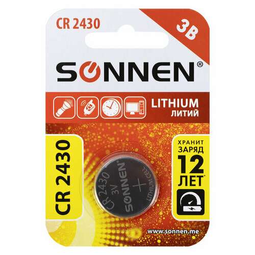  Батарейка литиевая cr2430 1 шт. "таблетка, дисковая, кнопочная" sonnen lithium, в блистере, 455600 | Батарейки