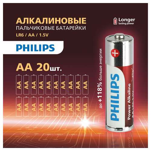  Батарейки алкалиновые "пальчиковые" комплект 20 шт., philips power alkaline, аа (lr6, 24а), блистер, б0064673 | Батарейки