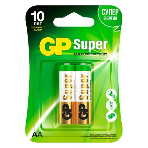  Батарейки комплект 2 шт., gp super, aa (lr6, 15а), алкалиновые, пальчиковые, блистер, 15a-2cr2 | Батарейки