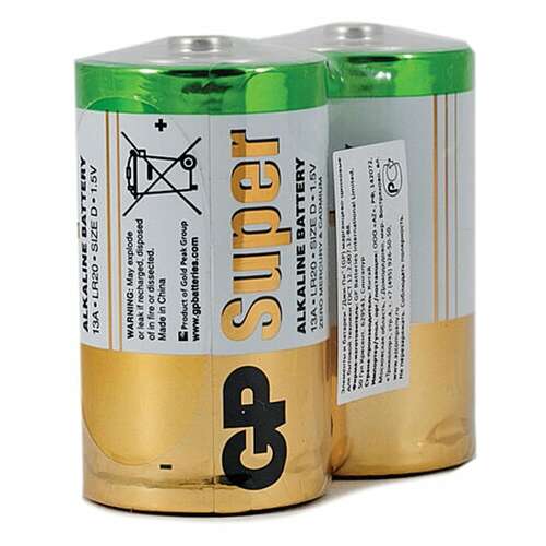 Батарейки gp super, d (lr20, 13а), алкалиновые, комплект 2 шт., в пленке, 13a-os2 | Батарейки