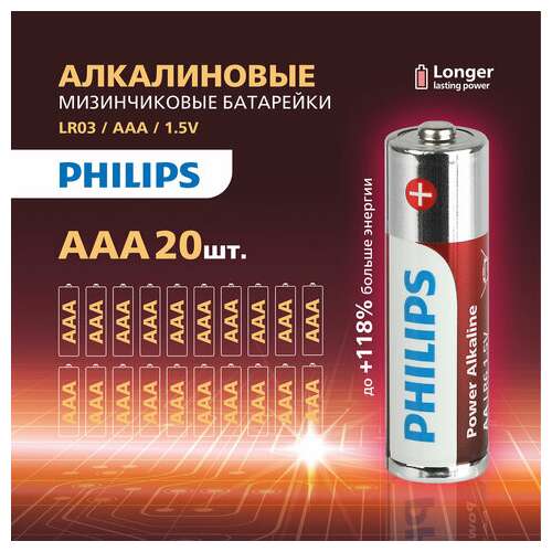  Батарейки алкалиновые "мизинчиковые" комплект 20 шт., philips power alkaline, ааа (lr03, 15а), блистер, б0064654 | Батарейки