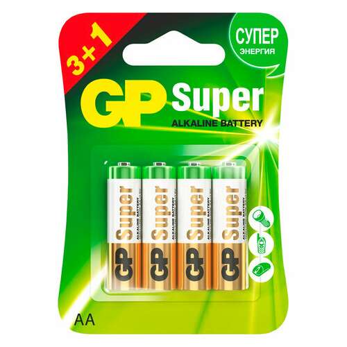  Батарейки комплект 4 шт., gp super, aa (lr6,15а), алкалиновые, пальчиковые, промо 3+1, 15a3/1-2cr4 | Батарейки