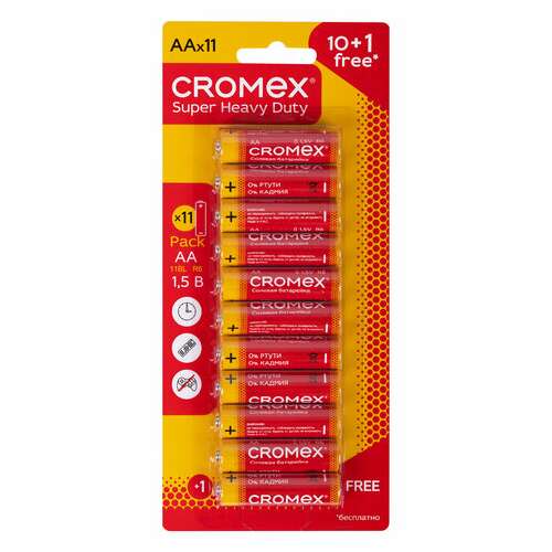  Батарейки солевые "пальчиковые" комплект 10+1 шт., cromex super heavy duty, aa (r6,15a), блистер, 456256 | Батарейки