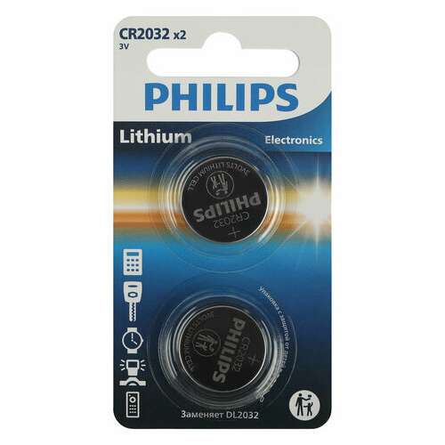  Батарейки литиевые philips lithium cr2032 "таблетки, дисковые, кнопочные" комплект 2 шт., блистер, б0062716 | Батарейки
