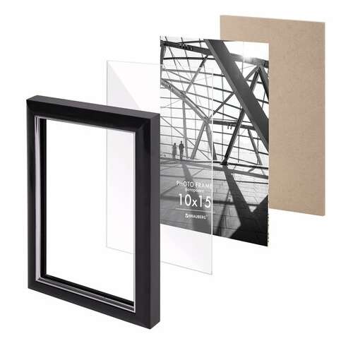  Рамка 10х15 см небьющаяся, багет 14,6 мм, пластик, brauberg "original line", черная/серебро, 391233 | Рамки для дипломов, сертификатов, грамот, фотографий