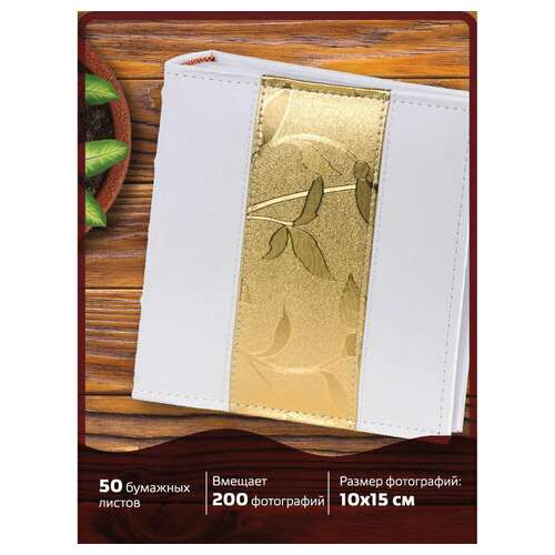  Фотоальбом brauberg на 200 фото 10х15 см, под кожу, бумажные страницы, бокс, бело-золотистый, 391112 | Фотоальбомы