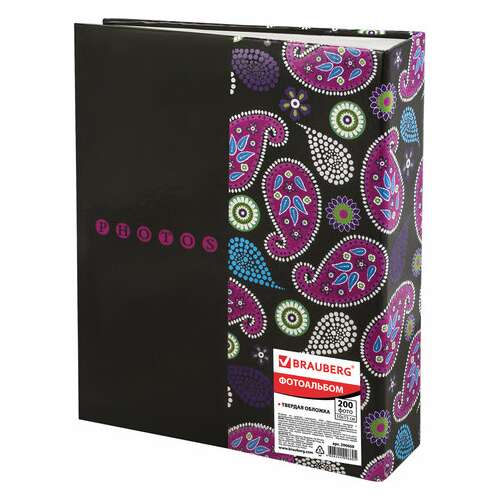  Фотоальбом brauberg на 200 фотографий 10х15 см, твердая обложка, "пейсли", черный с розовым, 390668 | Фотоальбомы