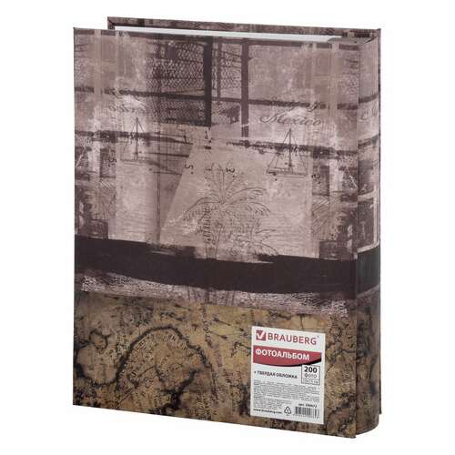  Фотоальбом brauberg на 200 фотографий 10х15 см, твердая обложка, "путешествие", бокс, коричневый, 390672 | Фотоальбомы