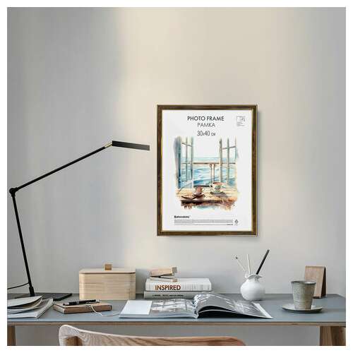  Рамка 30х40 см небьющаяся, багет 20 мм пластик, brauberg "hit3", цвет темный орех с позолотой, 391384 | Рамки для дипломов, сертификатов, грамот, фотографий