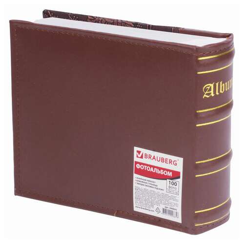 Фотоальбом brauberg на 100 фотографий 10х15 см, обложка под кожу, бумажные страницы, бокс, коричневый, 390693 | Фотоальбомы