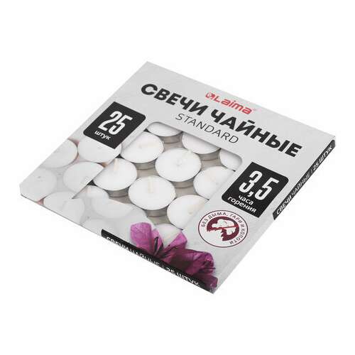  Свечи чайные standard, до 3,5 часов горения, вес 8,5 г, комплект 25 шт., в гильзе, laima, 609196 | Свечи чайные