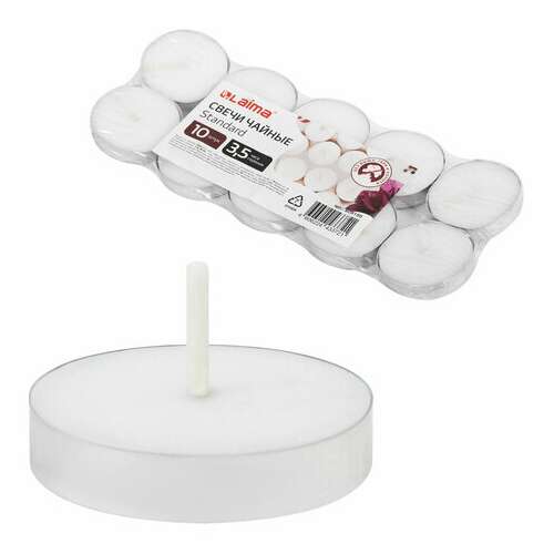  Свечи чайные standard, до 3,5 часов горения, вес 8,5 г, комплект 10 шт., в гильзе, laima, 609195 | Свечи чайные