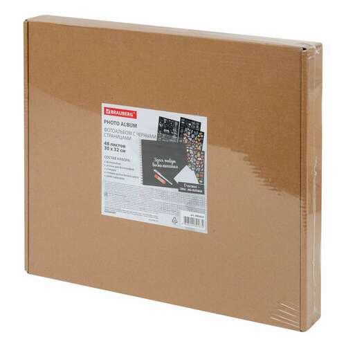  Фотоальбом 30х32 см, 48 черных листов, уголки, стикеры, ручка, клей, brauberg black line, 880650 | Фотоальбомы
