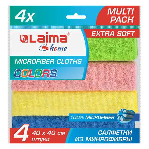  Салфетка из микрофибры универсальная 40х40 см, комплект 4 шт., multi pro colour, 280 г/м2, laima, 607793 | Салфетки хозяйственные