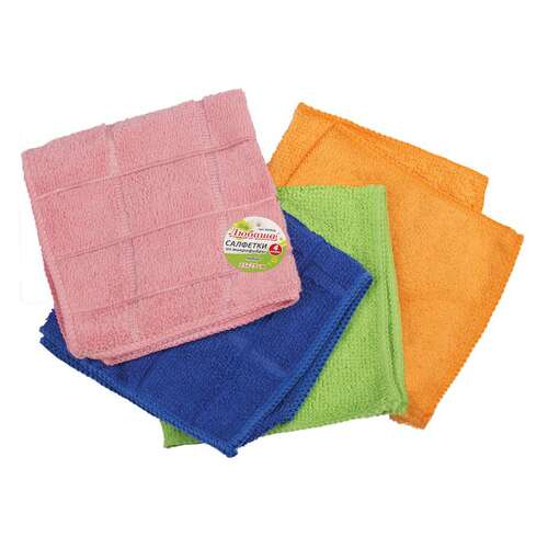  Салфетки из микрофибры 25х25 см, комплект 4 шт. (2 стандарт, 2 клетка), 180 г/м2, любаша, 603936 | Салфетки хозяйственные