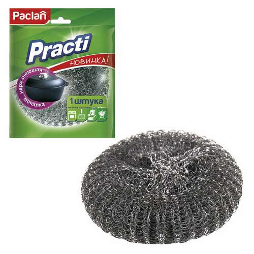  Губка (мочалка) металлическая, сетчатая, 38 г, большая, для посуды, гриля, плиты, paclan "practi" | Губки хозяйственные