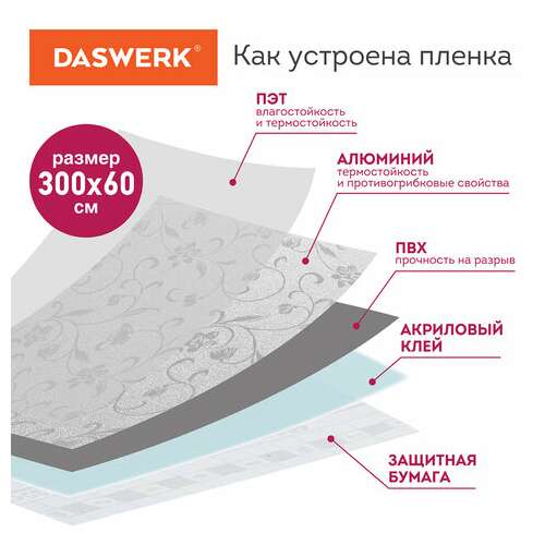  Самоклеящаяся пленка, алюминиевая фольга защитная для кухни/дома, 0,6х3 м, серебро, цветы, daswerk, 607849 | Пленки и покрытия хозяйственные